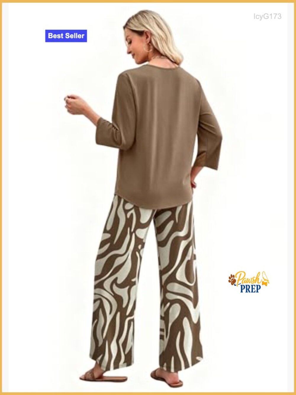 Two Piece Lounge Set with Pockets 3/4 Sleeve Top and Printed Pants - Picture 5 of 7